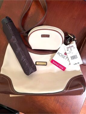 Rosetti Cream and Brown Crossbody Bag with Coin Pouch, Umbrella & Glass Case